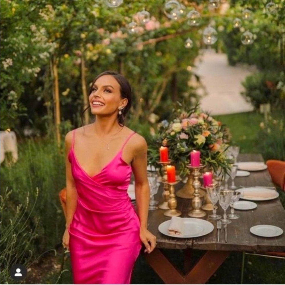 Zara hot pink satin midi dress fuchsia magenta berry silky faux wrap knee slit